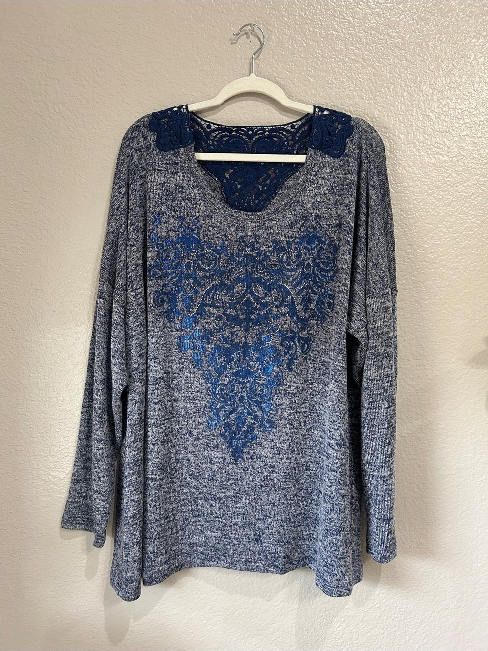 Avenue Navy Marled Lace-Back Long Sleeve Top Sz 22/24 Casual Summer Chic TC0357
